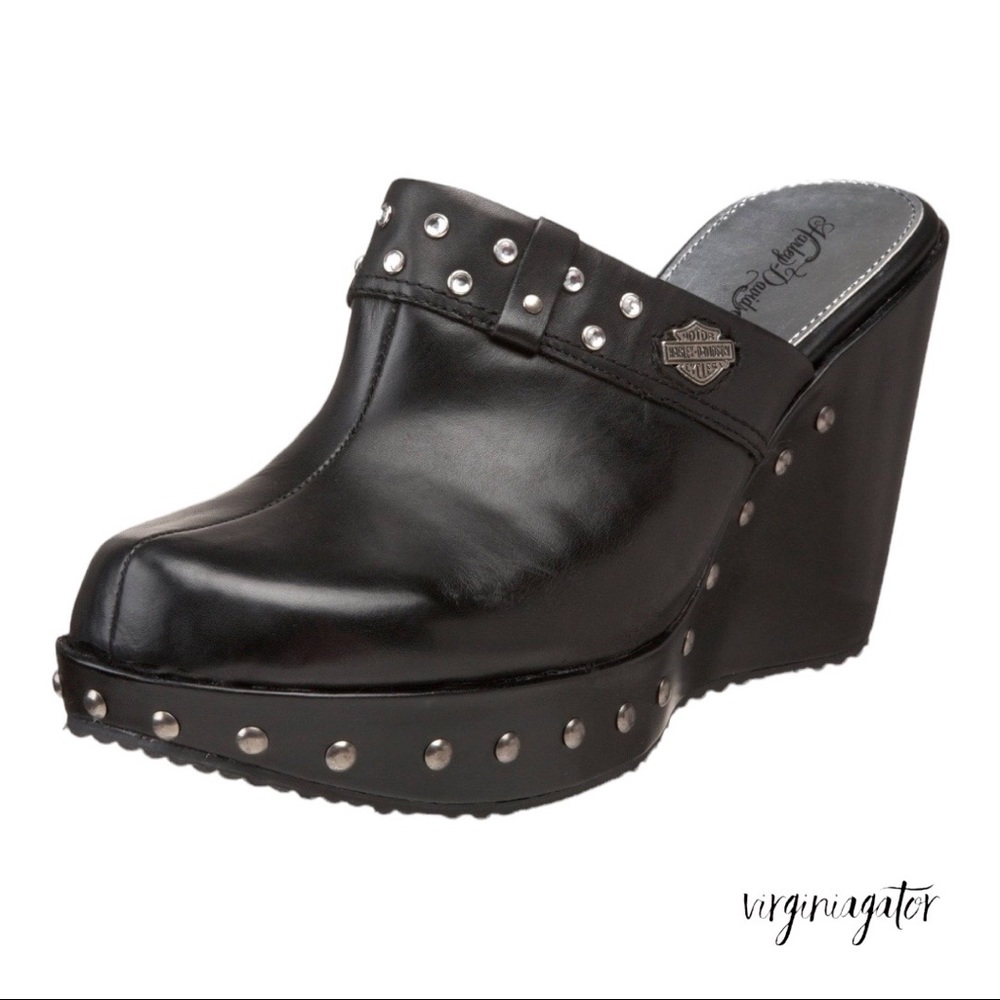 Harley Davidson Coral Studded Rhinestone Wedge Heels Mules Clogs Black Leather